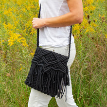 Load image into Gallery viewer, Bags - Black Shoulder Macrame Bag With Fringe
